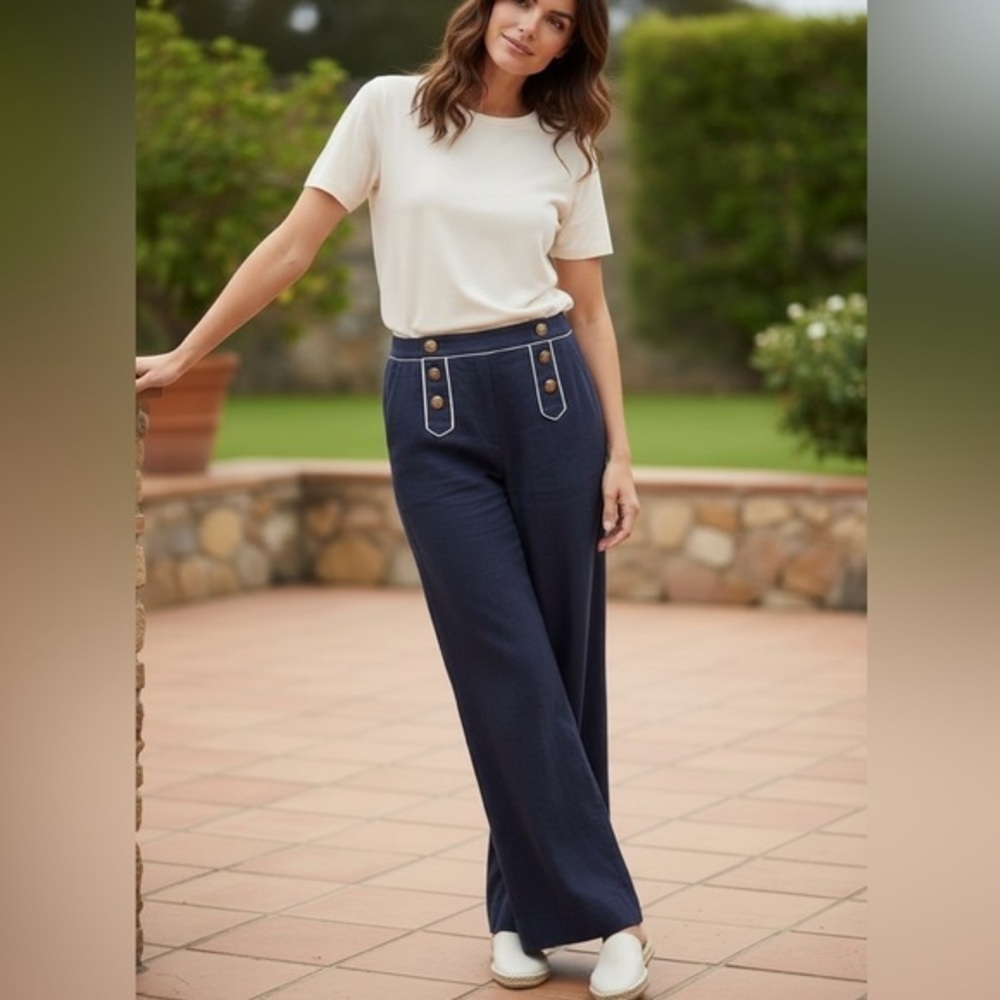 Woman’s Sailor Wide-Leg Navy Linen Pants